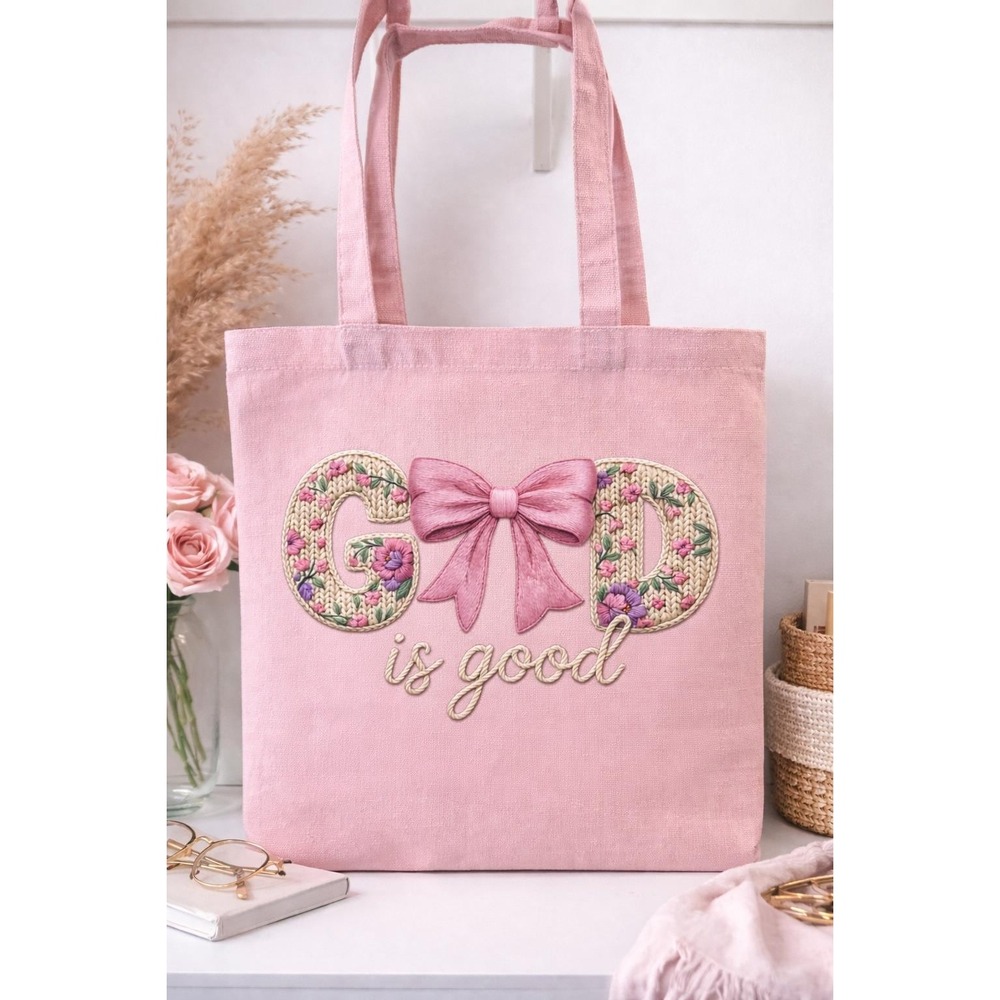 God Is Good Pink Floral Tote Bag, Christian Gift, Aesthetic Canvas Bag